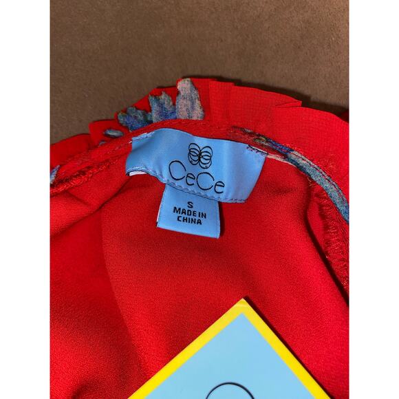 CeCe NWT $79 size Small Island Oasis Color 691 Fiery Red Lined Cap Sleeve Blouse - Picture 9 of 11